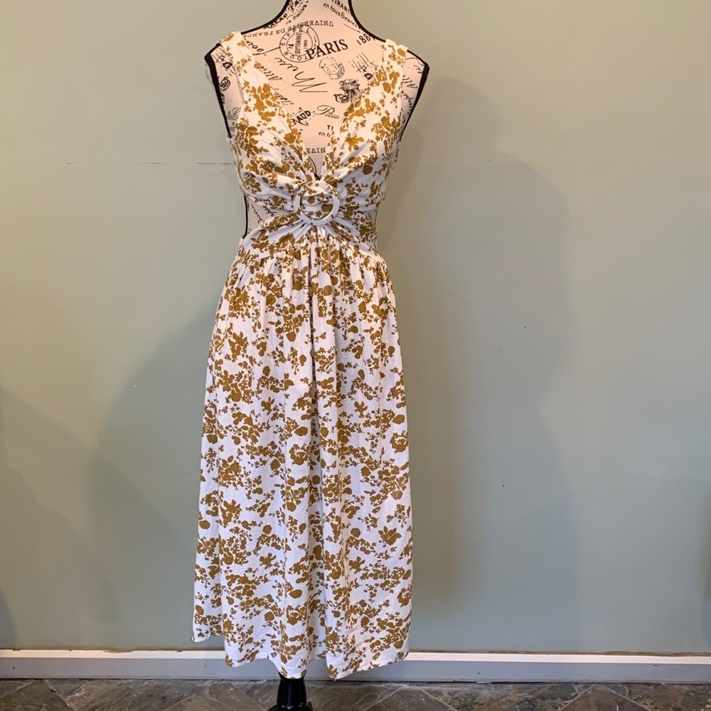 Showpo Women’s Size 4 Small White and Brown Floral Midi Dress Open Sides & Back